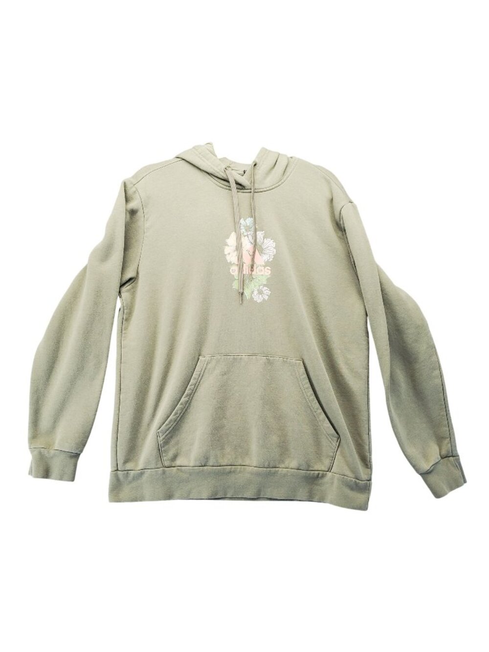 Adidas Hoodie Womens XL Green Floral Logo Pullover Kangaroo Pocket Soft